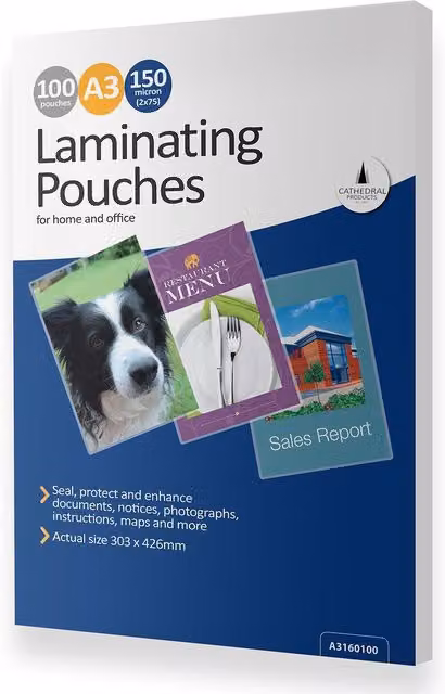 100 Transparent A3 Gloss Laminating Pouches, 150 Micron