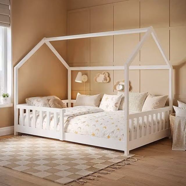 Flair Furnishings Explorer Small Double Playhouse Floor Bed for Children, White Solid Wood, W/D/H: 120 x 200 x 136 cm