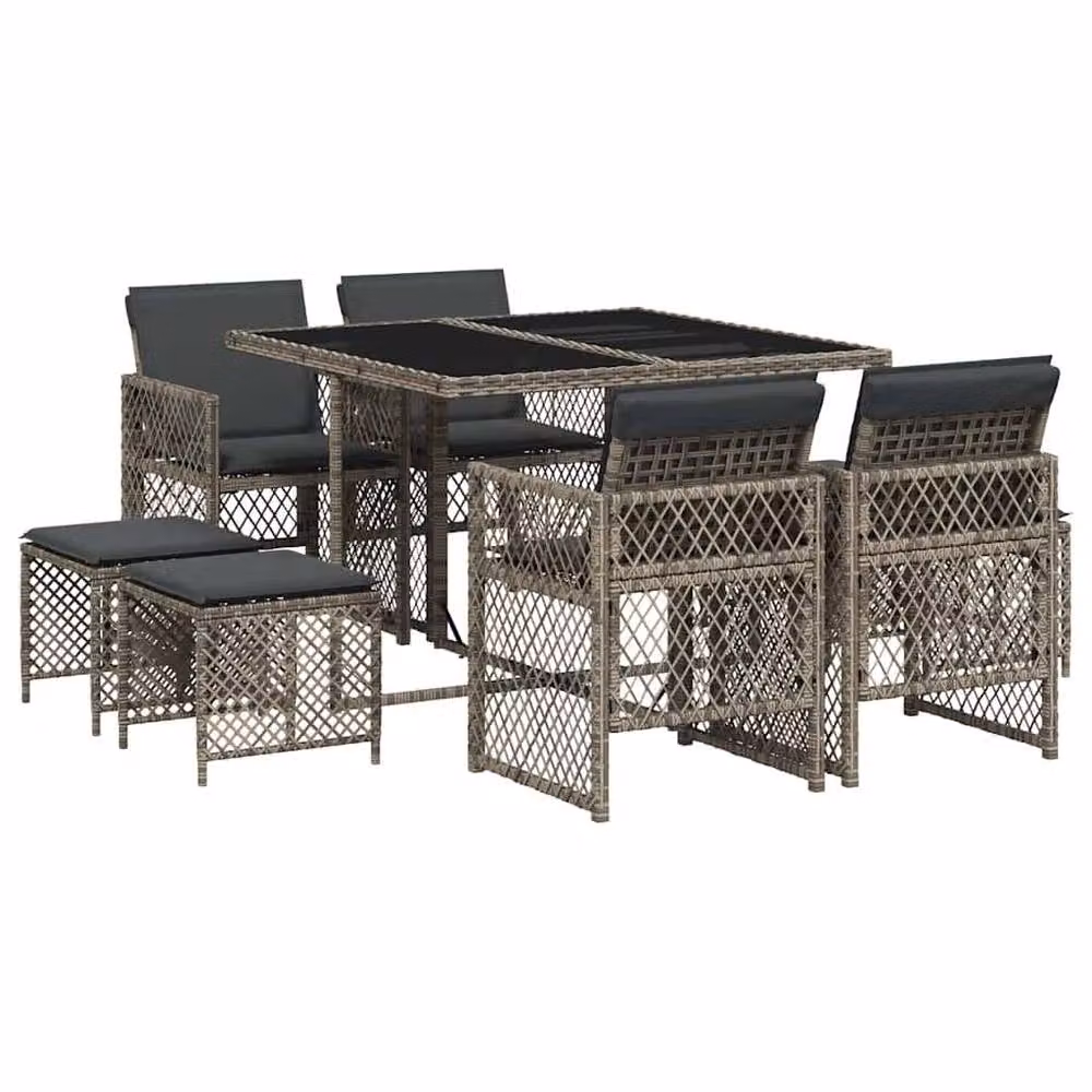 Berkfield Home 9 Piece Grey Poly Rattan Garden Dining Set with Cushions and Glass Tabletop – 2