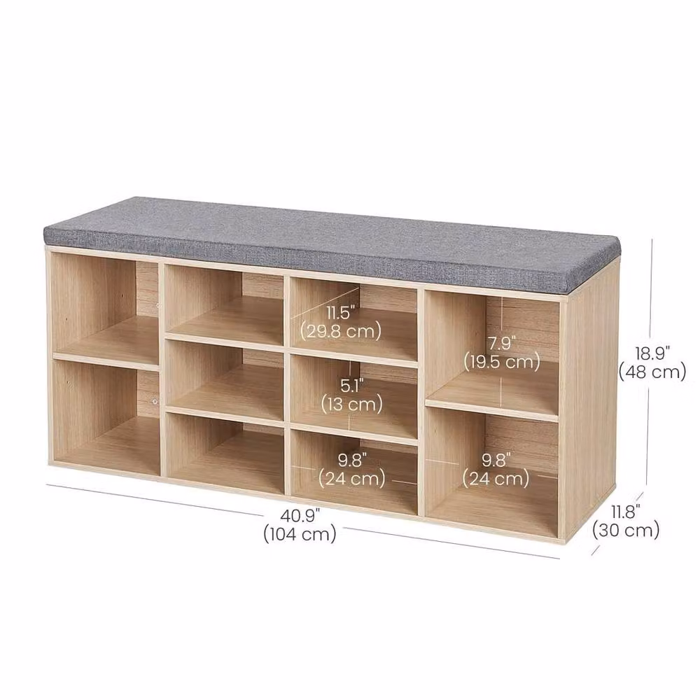 Kelvenix Brown Woody Storage Bench and Shoe Rack with Padded Fabric Cushion – 2