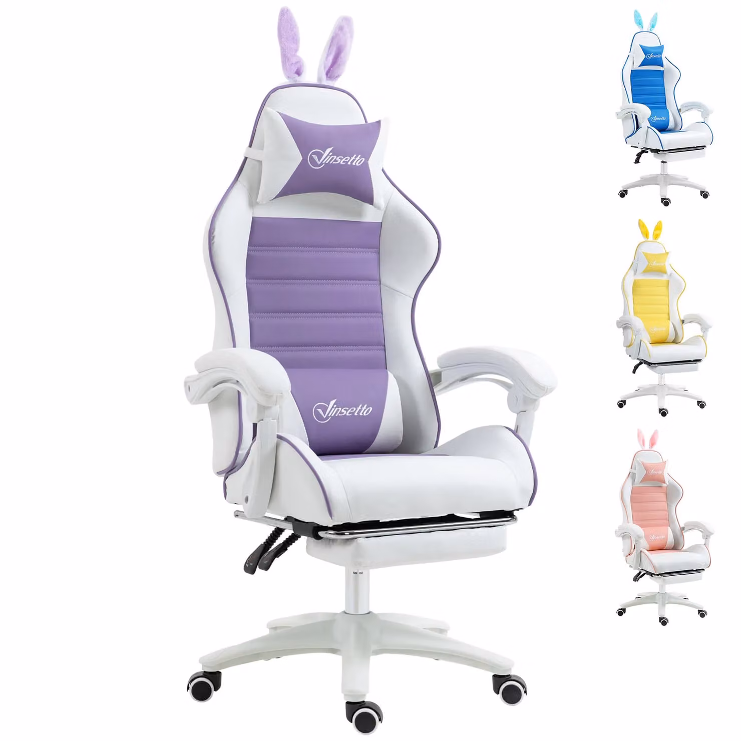 Vinsetto Racing Style Gaming Chair with Removable Rabbit Ears and Footrest in Purple and White – 2