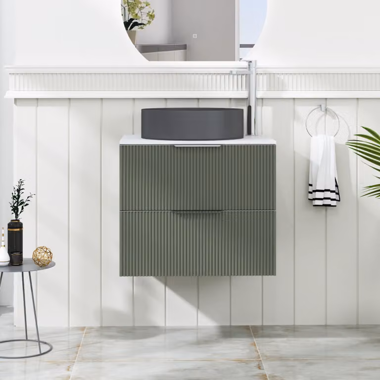 Royal Bathrooms Evora 600mm Sage Green Fluted Wall Hung 2 Drawer Vanity Unit with Art Round Basin