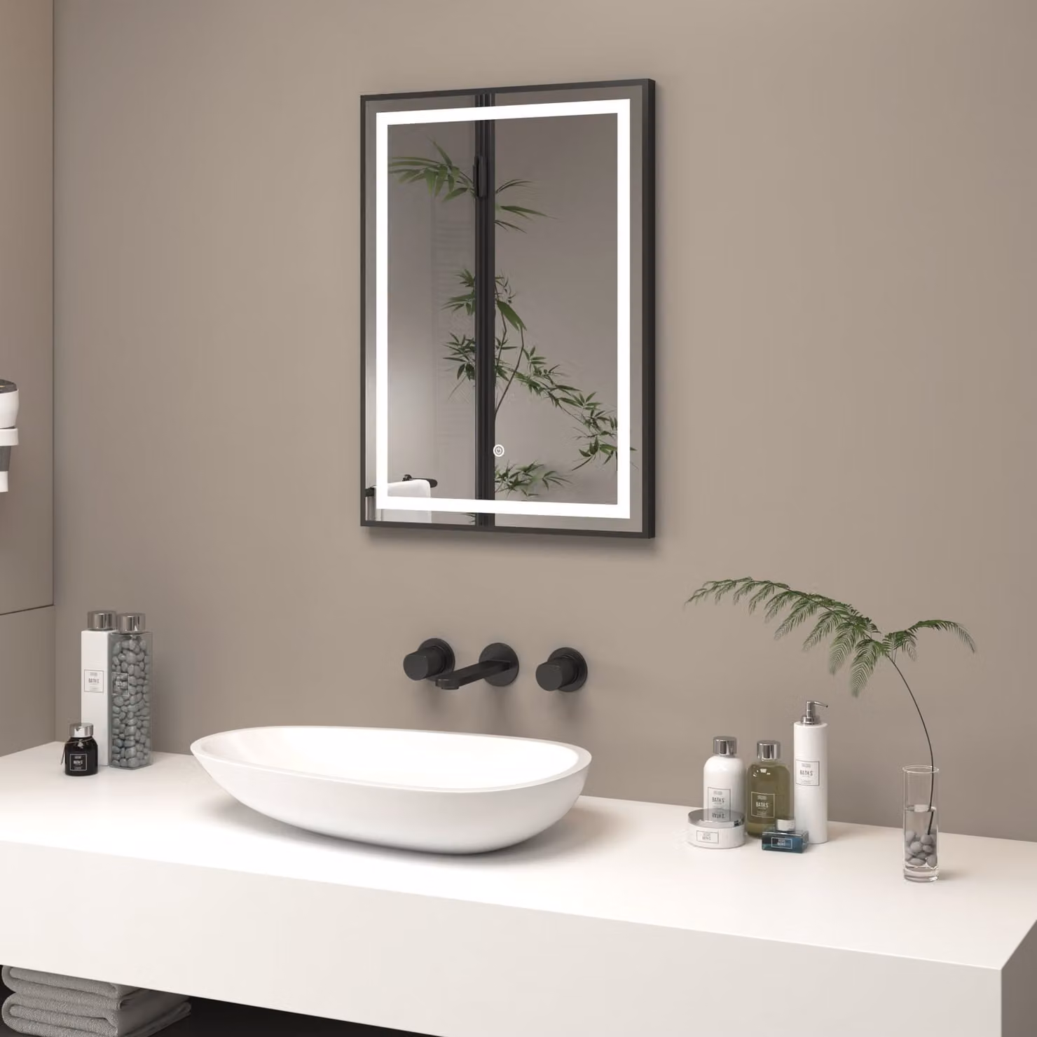 Royal Bathrooms Oslo LED Illuminated Framed Mirror in Matt Black, W: 50 cm, H: 70 cm, with Demister Pad and Touch Sensor