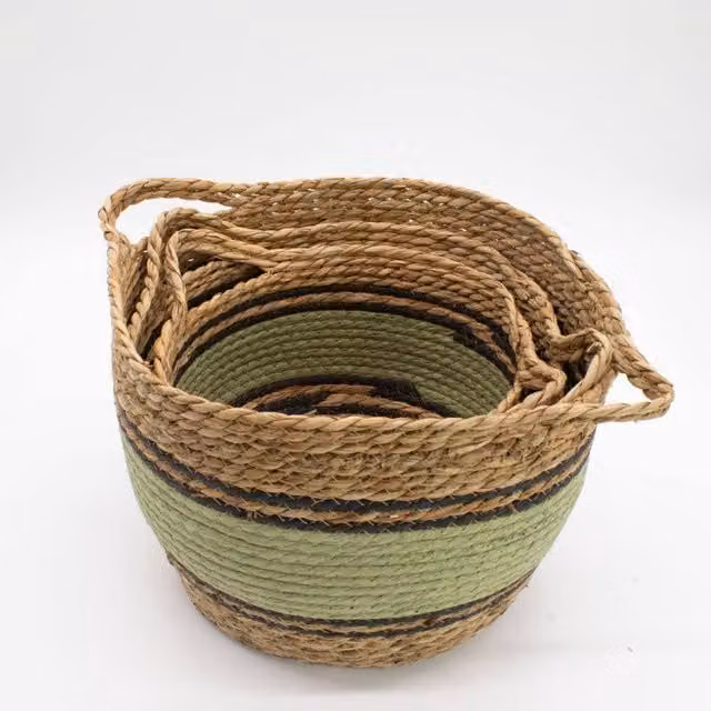 KDMD Set of 3 Large Open Weave Cotton and Seagrass Baskets with Handles in Black and Green