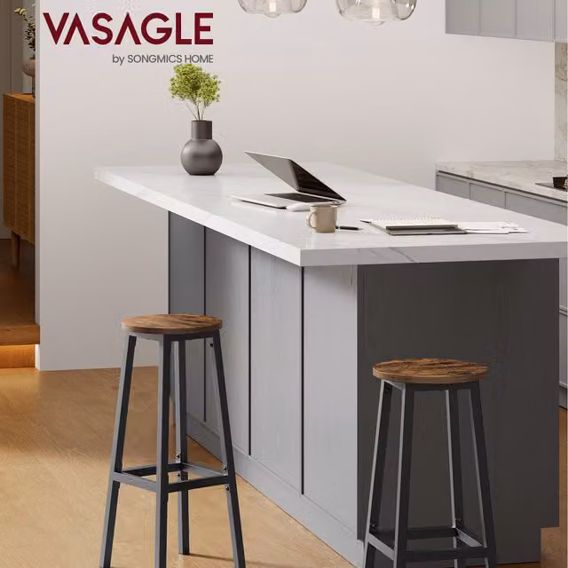 VASAGLE Set of 2 Rustic Bar Stools with Metal Frame and Footrest, Bronze/Black/Brown