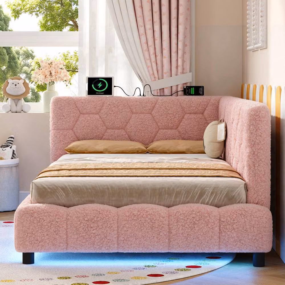 Matteo Pink Boucle 3ft Single Hydraulic Storage Bed with Smart RGB LED Lights and USB Charging Port W/D/H: 90 x 190 cm – 3