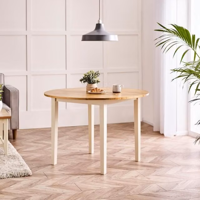 FurnitureboxUK Salcombe Round 4-Seater Solid Wood Dining Table in Cream with Oak Colour Top