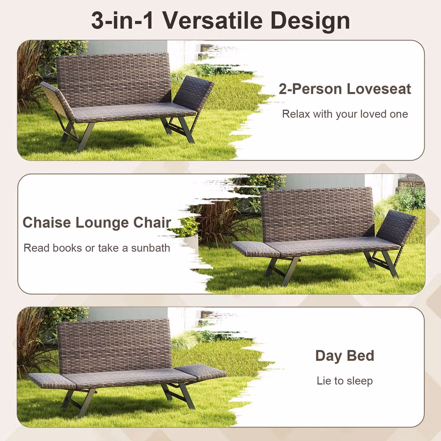 Costway Grey Polyrattan Patio Convertible Sofa for 2 with Quick Dry Foam Padded Cushions and Metal Frame – 6