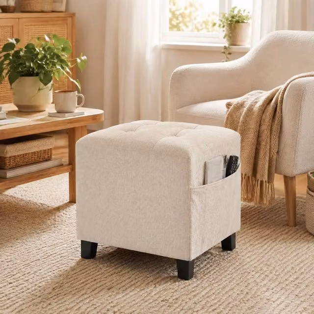 STILVORA Beige Fabric Footstool with Storage and Pocket and Rubberwood Frame