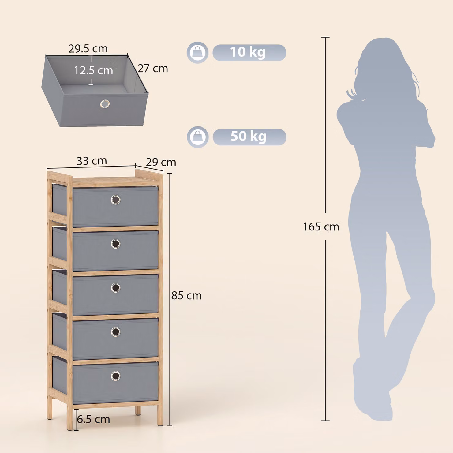 HOMCOM Narrow Chest of Drawers with 5 Fabric Drawers and Bamboo Frame, Light Grey – 3