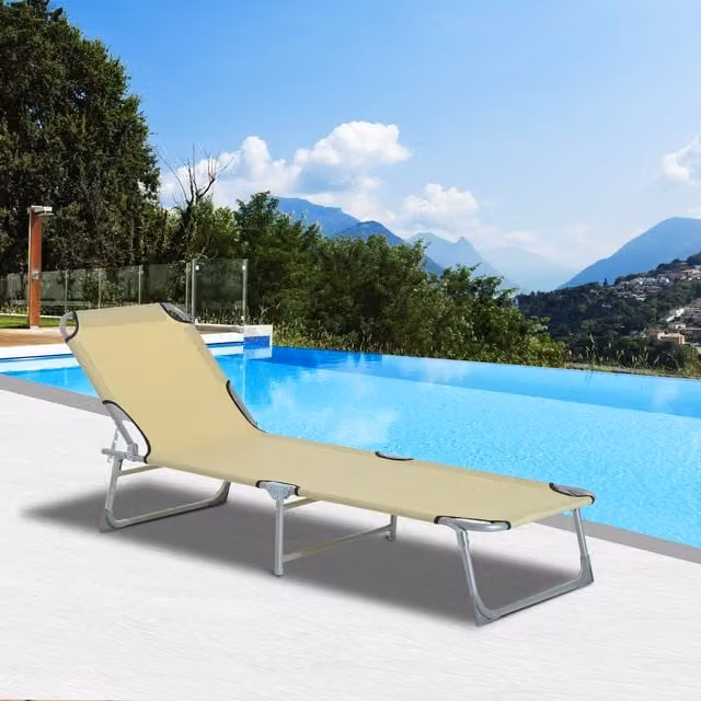Outsunny Portable Folding Sun Lounger with Adjustable Headrest in Beige