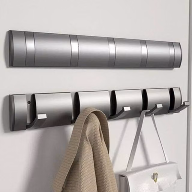 NESTLUNE Silver Metal Wall Mounted Foldable Coat Hooks and Drying Rack with 5 Hooks