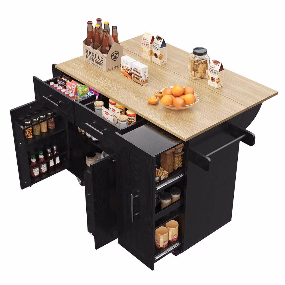 Rolipo Black Kitchen Island Trolley with Folding Dining Table and Storage – 6