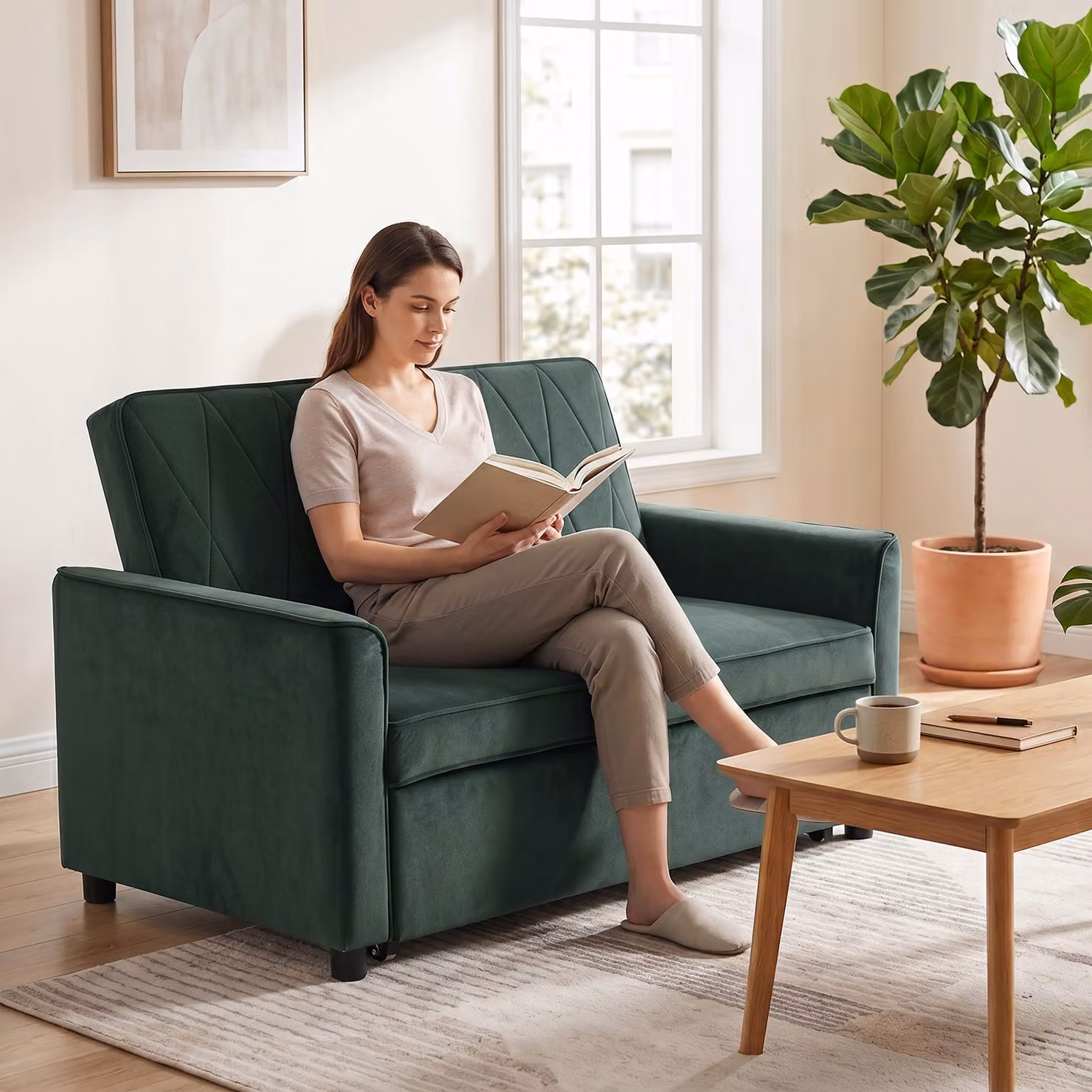 HOMCOM 2 Seater Convertible Velvet Sofa Bed with Click-Clack Adjustable Backrest, Dark Green – 9