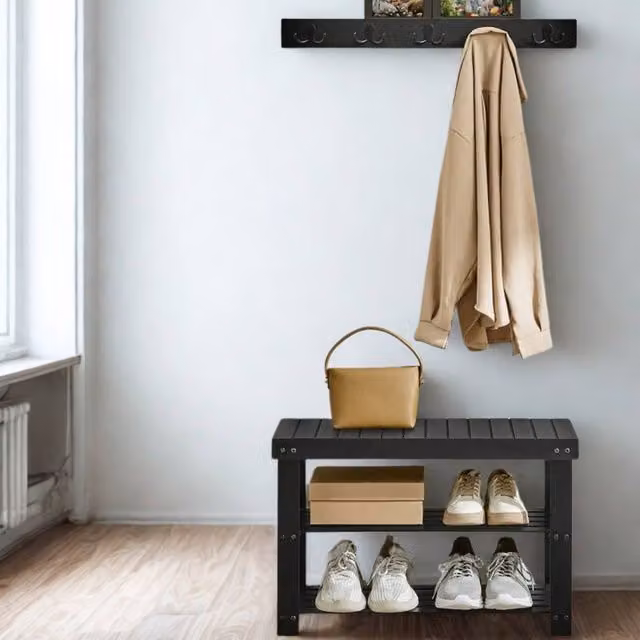 Pirlo Plush 3 Tier Bamboo Hall Tree with Shoe Bench and Coat Hooks, Black, H 136 x W 70.1 x D 45.3 cm