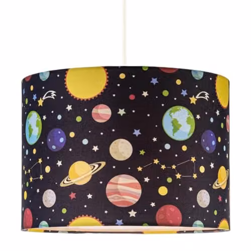 Happy Homewares Outer Space Cylinder Lamp Shade with Colourful Planets and Stars in Blue and Multicolour – 2