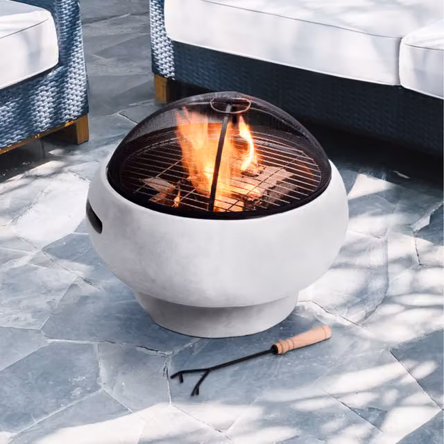 Teamson Grey Round Wood Burning Fire Pit with Concrete Base, Diameter: 53 cm