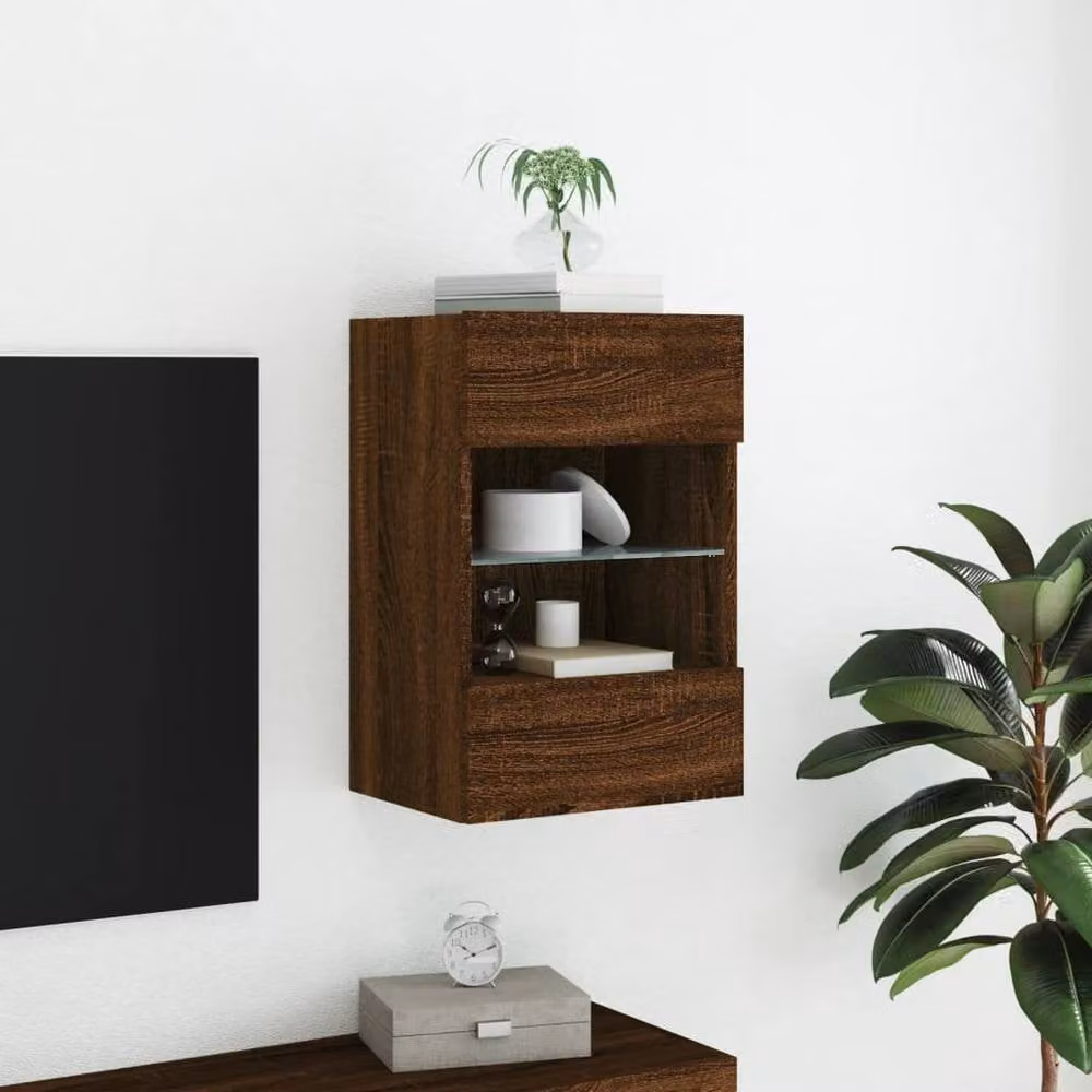 Berkfield Home TV Wall Cabinet with LED Lights in Brown Oak, W/D/H: 40 x 30 x 60.5 cm – 4