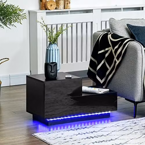 HOMCOM Modern High Gloss Bedside Table with 2 Drawers and Integrated LED Light, Black – 1