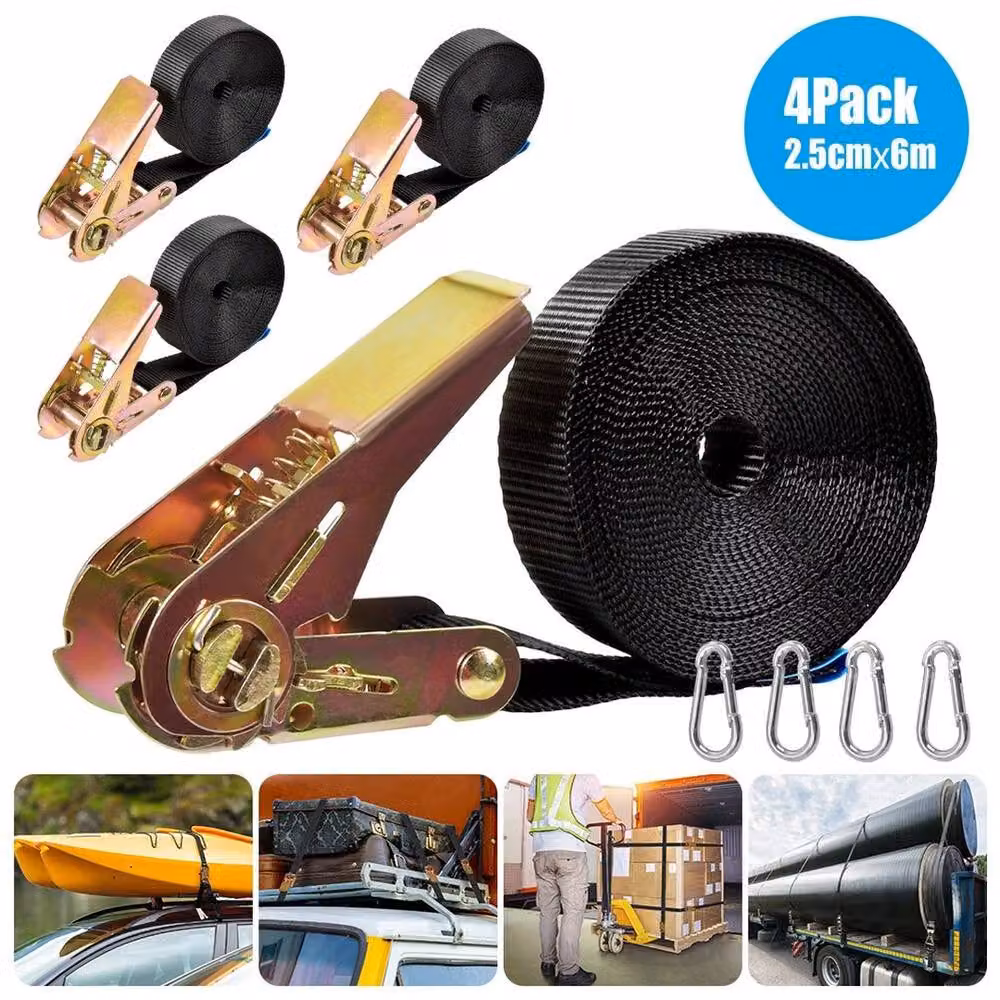 Kelvenix 4-Pack Heavy Duty Ratchet Tie Down Straps with Claw in Black, Width: 2.5 cm, Length: 6 m, Capacity: 20 kg – 4