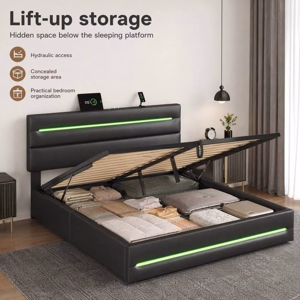 STILVORA Double Ottoman Bed with Storage, LED Lighting and USB Charging Port in Black – 6