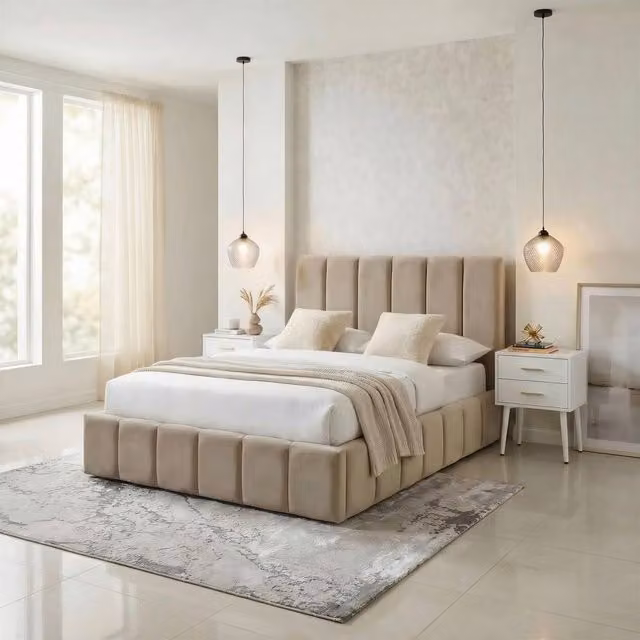 FurnitureboxUK Trifle Taupe Velvet Ottoman Double Bed Frame in Beige, 140 x 200 cm – 1