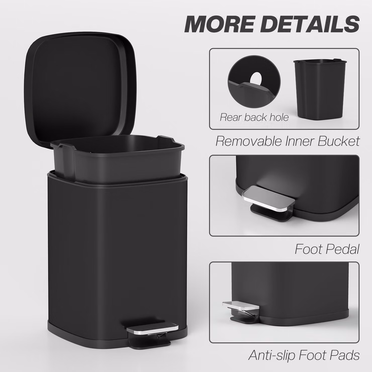 HOMCOM 12L Modern Boxy Metal Kitchen Pedal Bin with Soft-Close Lid and Removable Inner Bucket, Black – 7