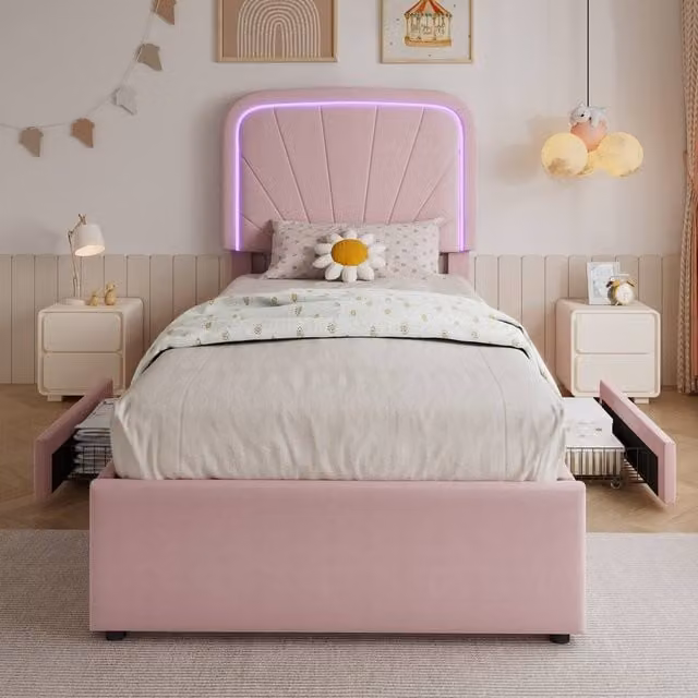 Merax Single Velvet Upholstered Bed Frame with LED Lighting and Drawers, Pink, W/D/H: 90 x 190 cm – 1