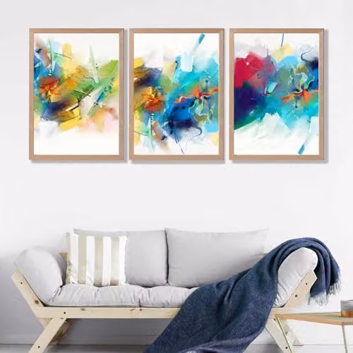 ARTZE Set of 3 Abstract Multicolour Fractal Wall Art with Wood Frames, W: 45 cm, H: 62 cm