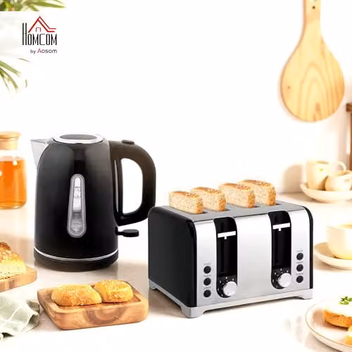 HOMCOM Metal Kettle and Toaster Set in Black or Blue – 2
