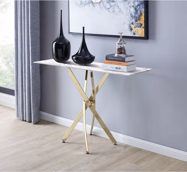 FurnitureboxUK Leonardo Console Table with White Marble Effect Glass Top and Gold X-Frame Metal Legs