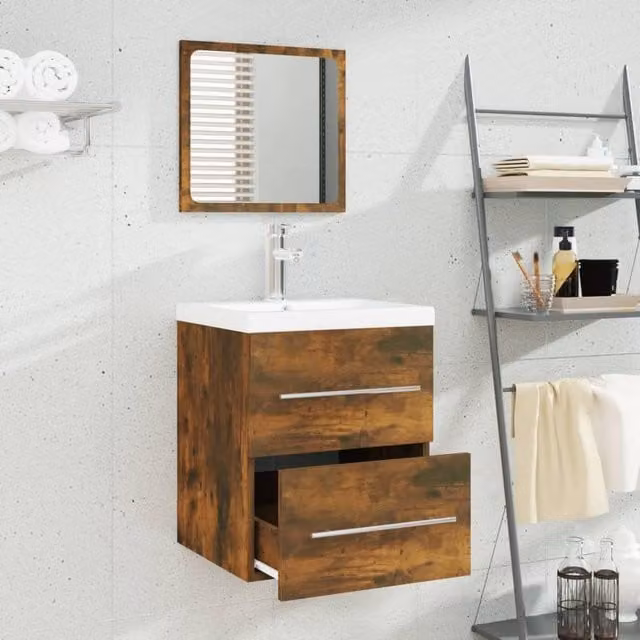 Berkfield Home Wall Mounted Bathroom Sink Cabinet with Built-in Basin in Smoked Oak Brown, W/D/H: 48.0 x 41.0 x 38.5 cm – 1