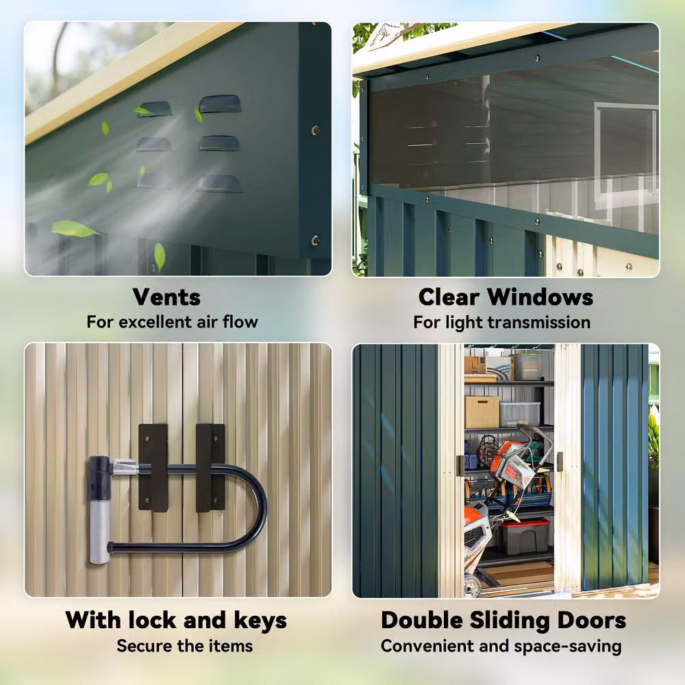Rolipo Green Galvanised Metal Pent Shed with Sliding Doors and Side Vents, W/D/H: 195 x 122 x 200 cm – 6