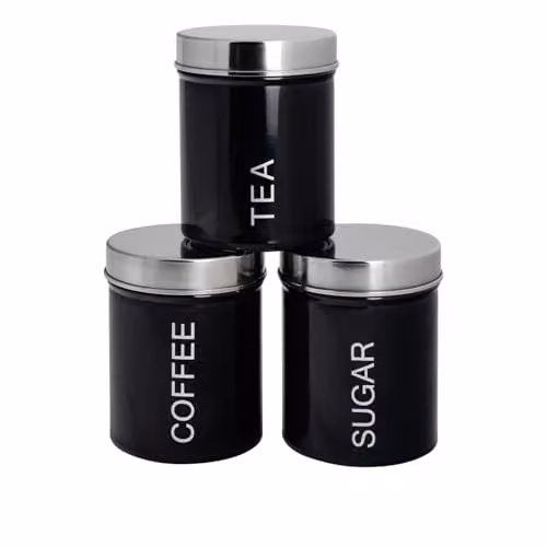 Harbour Housewares Metal Tea Coffee Sugar Canister Set in Black - 3pc Airtight Round Food Storage Containers – 1