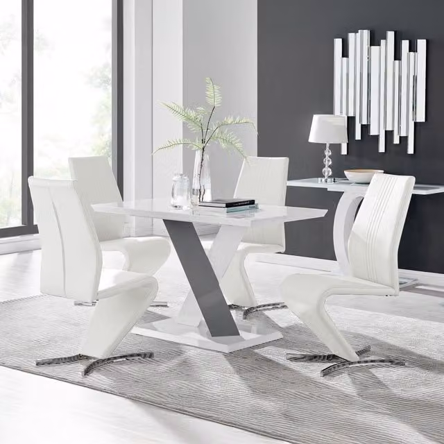 Furniturebox Monza White High Gloss Rectangular Dining Table and 4 Willow Chairs in White and Grey
