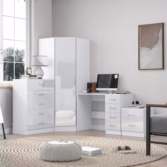 REFLECT Furniture Bundle in White Gloss and Matt White, including Corner Unit, Chest, Bedside Table and Desk