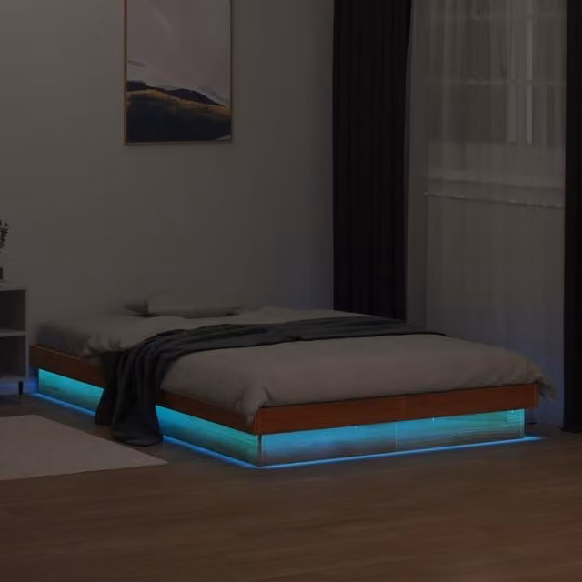 Berkfield Home Solid Wood LED Bed Frame in Wax Brown with Under-Bed Lighting and USB Charging Port, W: 140 cm, L: 200 cm