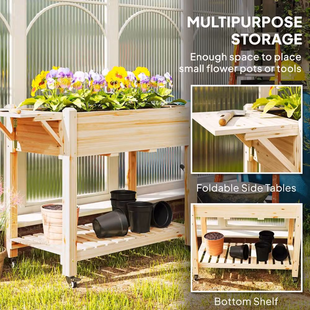 STILVORA Natural Wooden Raised Planter with Shelves and Wheels, Height: 145 cm – 4