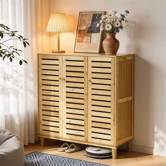 NESTLUNE Narrow Shoe Storage Cabinet in Brown with Hinged Doors and Flat Shelves, W/D/H: 100 x 15 x 15 cm – 1