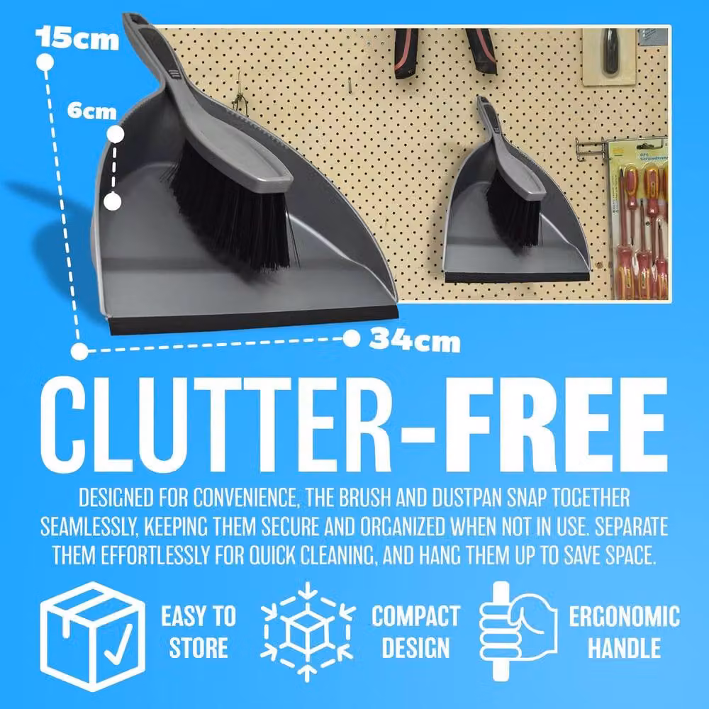 BARGAINS-GALORE Grey Dustpan and Brush Set with Handheld Scrubber Cleaning Combo – 3