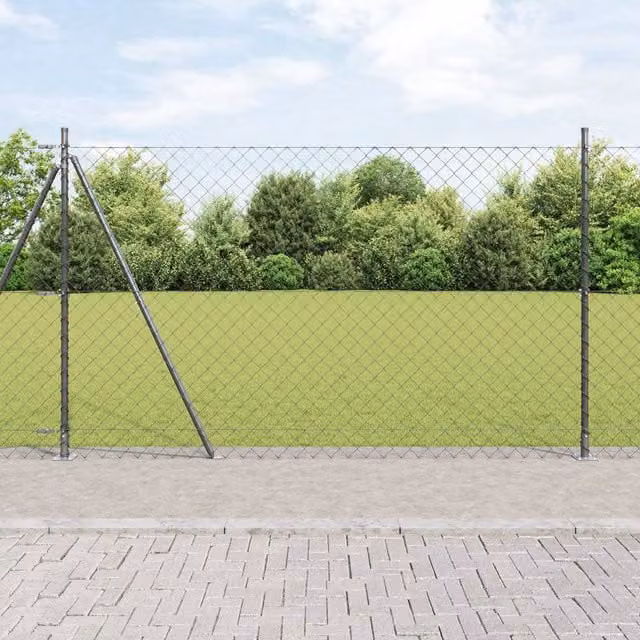 Berkfield Home Grey Galvanised Steel Chain Link Fence with 7 Flanged Posts, W: 10 m, H: 1.5 m