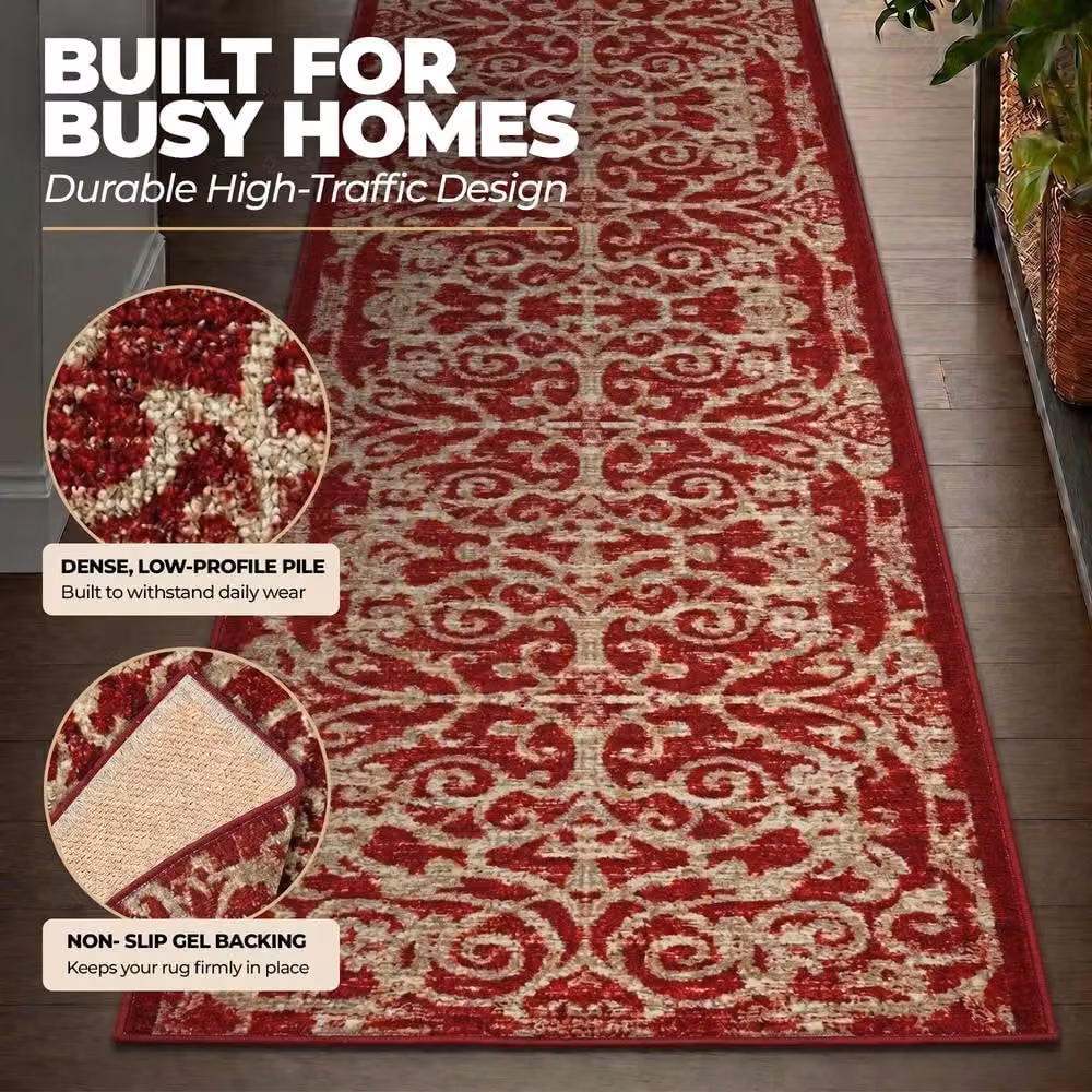 Bravich LTD Filigree Non-Slip Low Pile Hallway Runner Rug in Red, W: 66 cm, L: 183 cm – 4