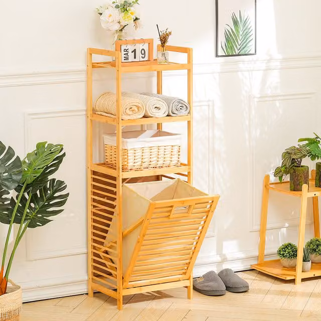 Livingandhome Bamboo Clothes Storage Rack with Removable Fabric Bag, Brown, Height: 119 cm