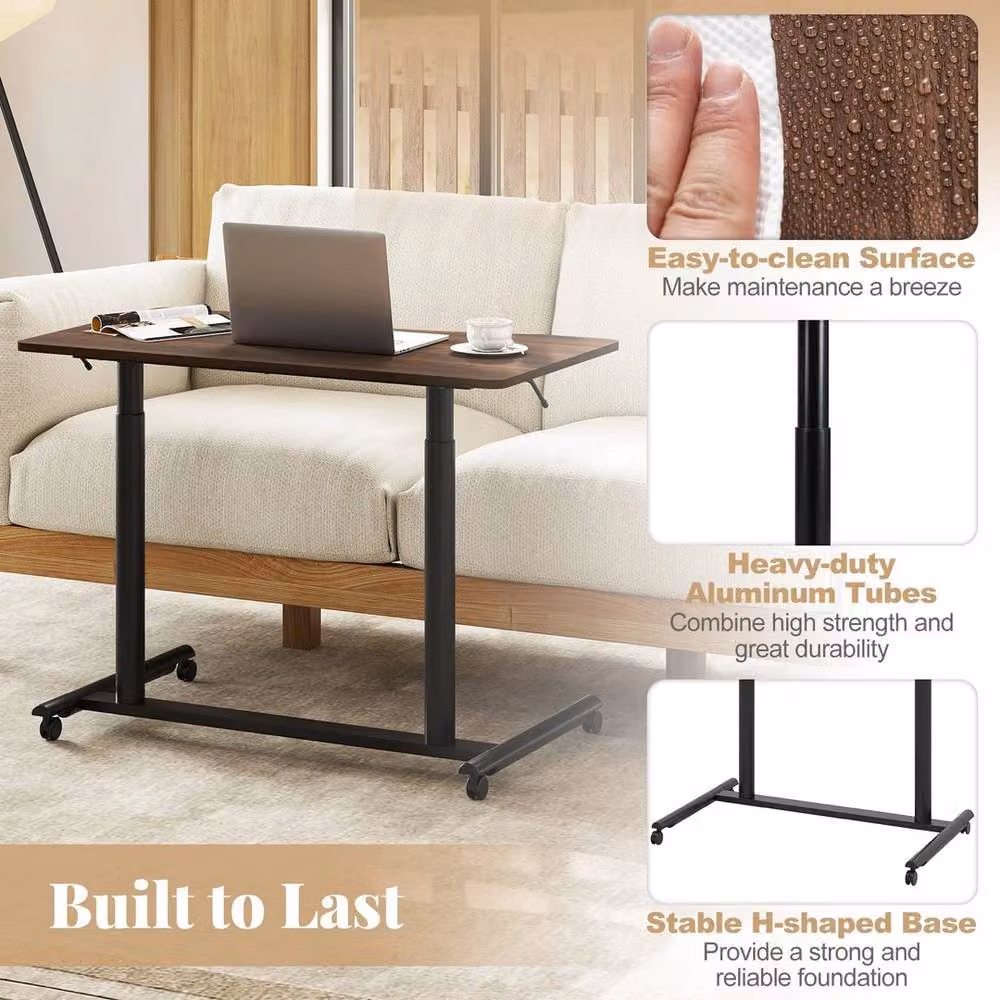 VOGREX Brown C-Shaped Mobile Sit Stand Desk with Manual Crank and Castors – 5