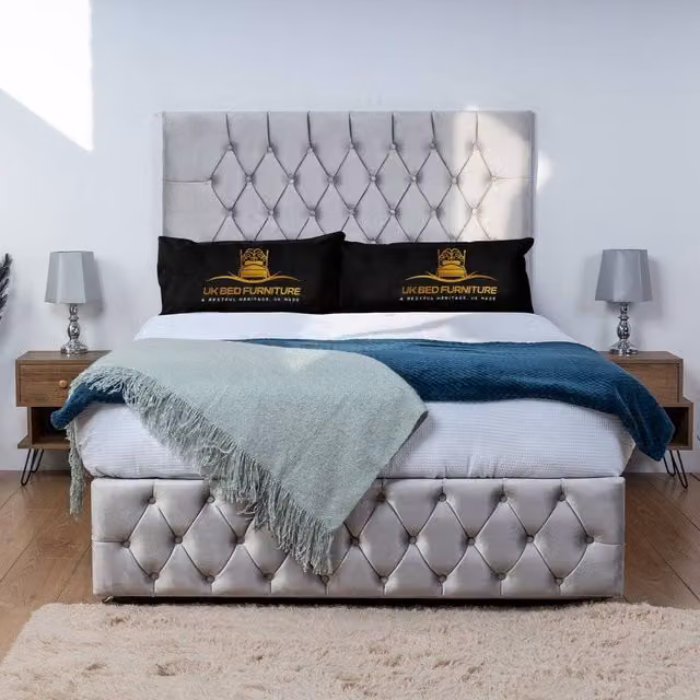 UK Bed Furniture Monaco Silver Velvet Divan Bed Base with 26 Inch Headboard, Super King, W: 200 cm x D: 200 cm