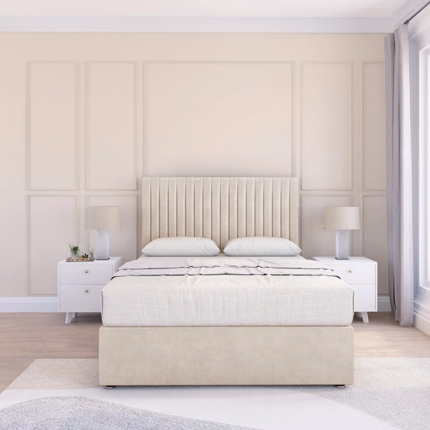 Sloomy Manhattan Single Divan Bed Base and 26 inch Struts Headboard in Cream Fabric, W/D/H: 90 x 200 cm
