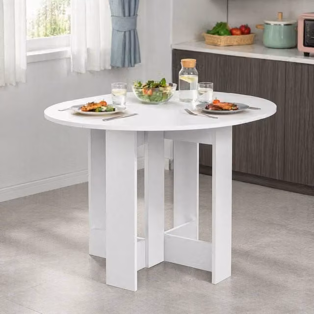 STILVORA Modern Round Drop Leaf Dining Table in White Matt MDF – 1