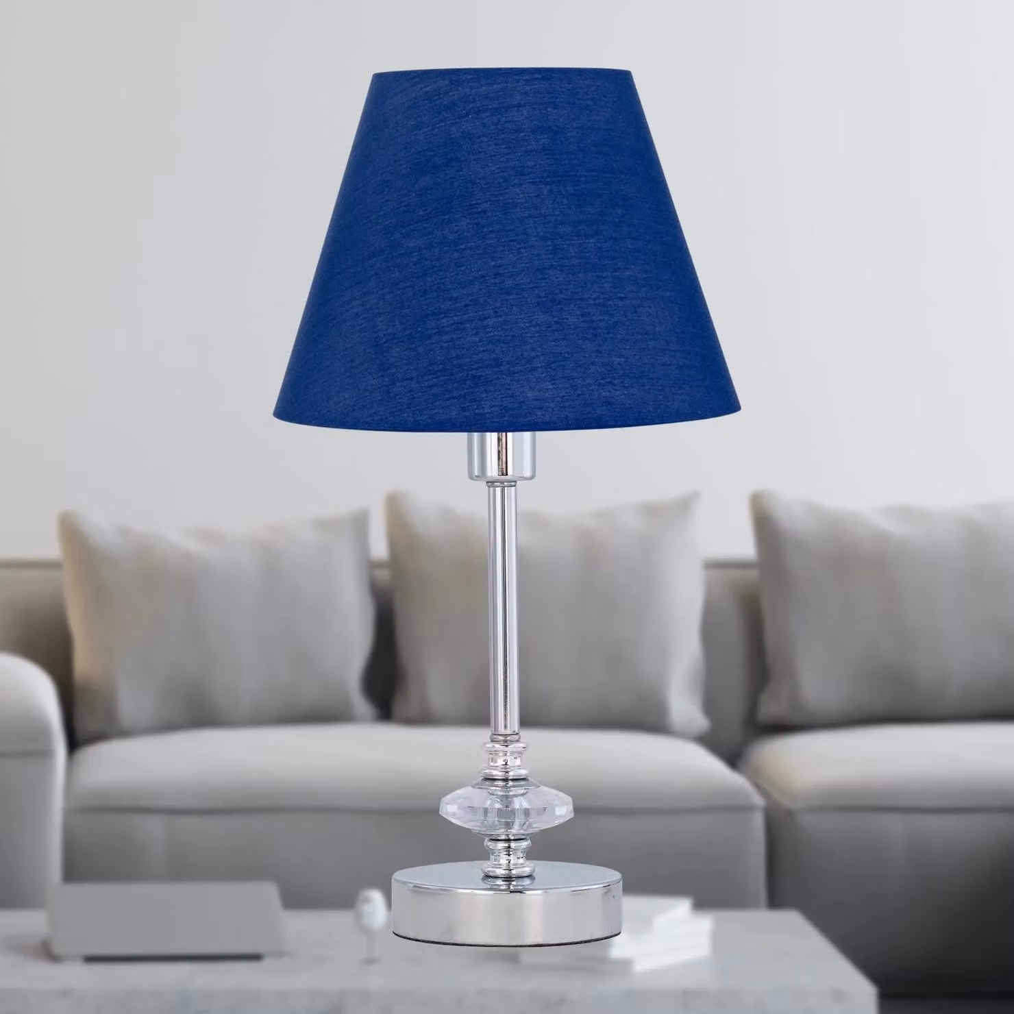 First Choice Lighting Set of 2 Chrome Jewelled Table Lamps with Navy Blue Fabric Shades – 3