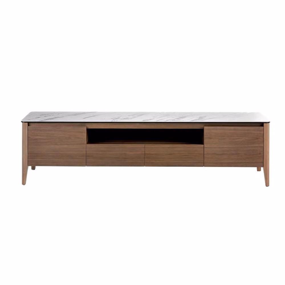Angel Cerda Modern Walnut TV Stand with Glass Top and Media Compartments in Brown, W: 200 cm, D: 51 cm, H: 51 cm – 2