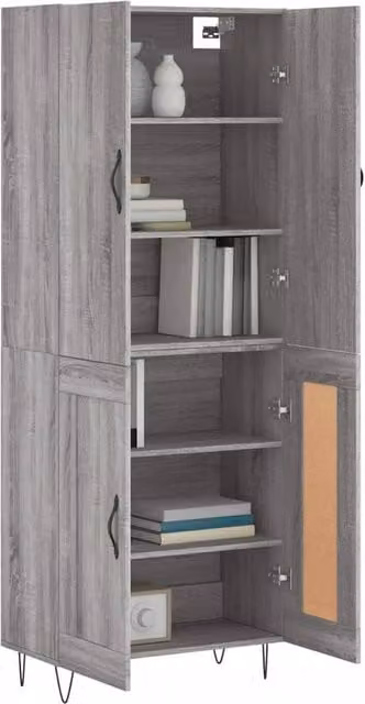 Berkfield Home Grey Sonoma Highboard with Hinged Doors and Internal Shelves, W/D/H: 69.5 x 34 x 180 cm